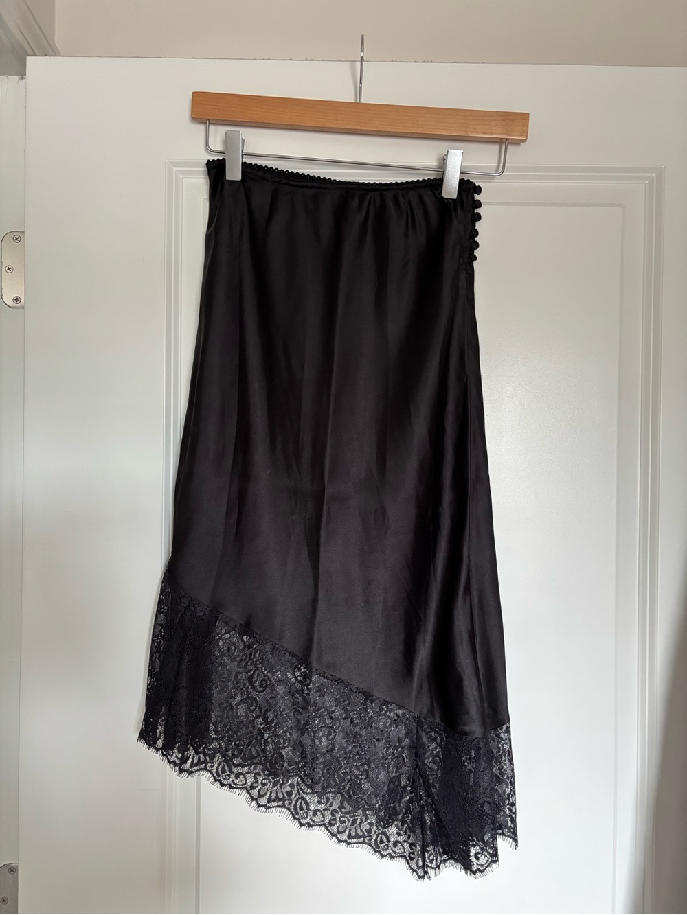 Anthropologie, Black Silk Asymmetrical Lace-Trim Midi Skirt with buttons on side